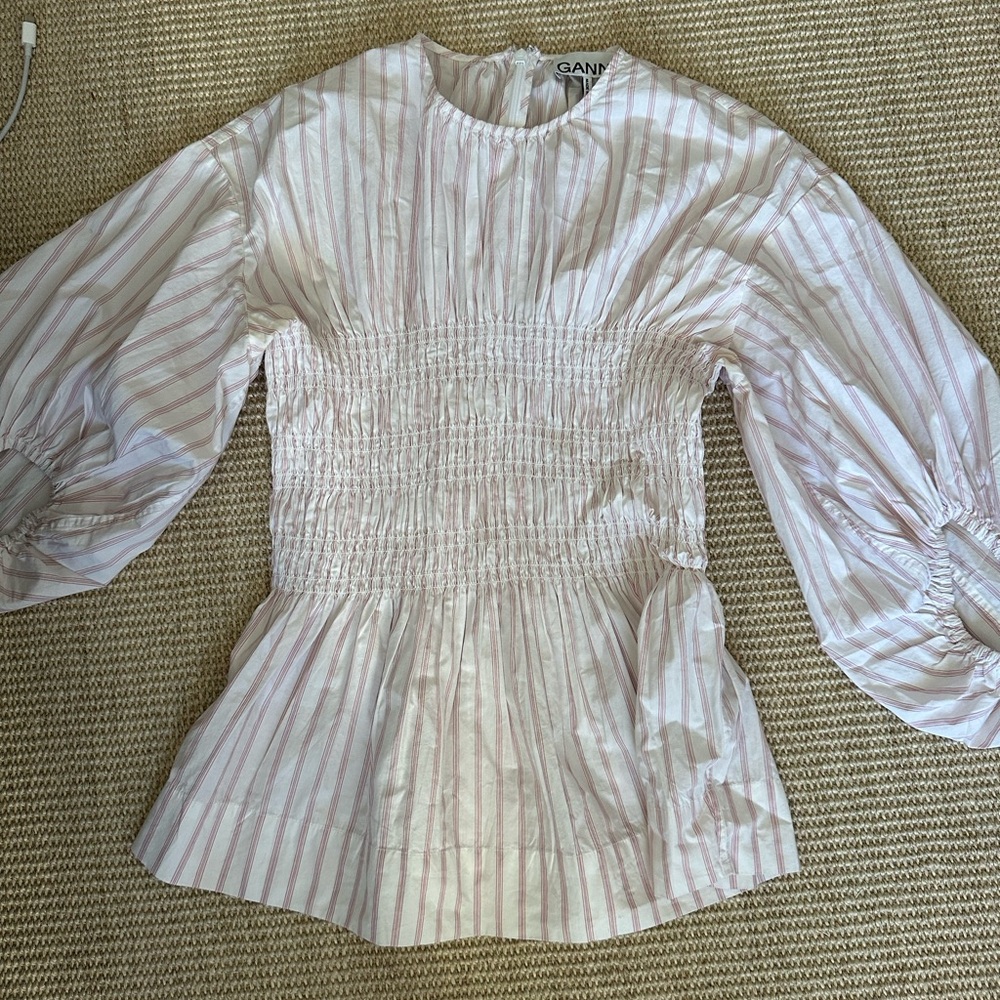 Ganni White and Pink Striped Blouse